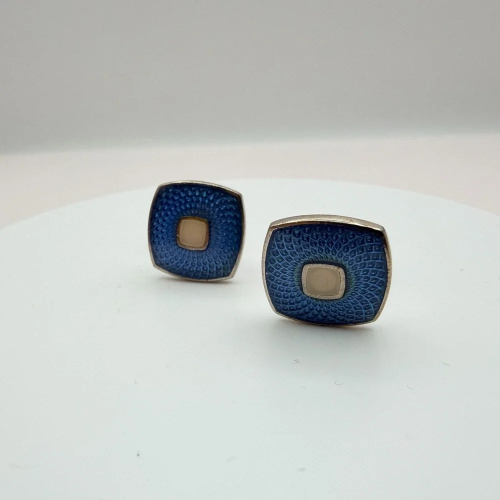 Vintage 90s Silver Tone Men Cufflink Stud Set Blue Red Enamel Jewelry